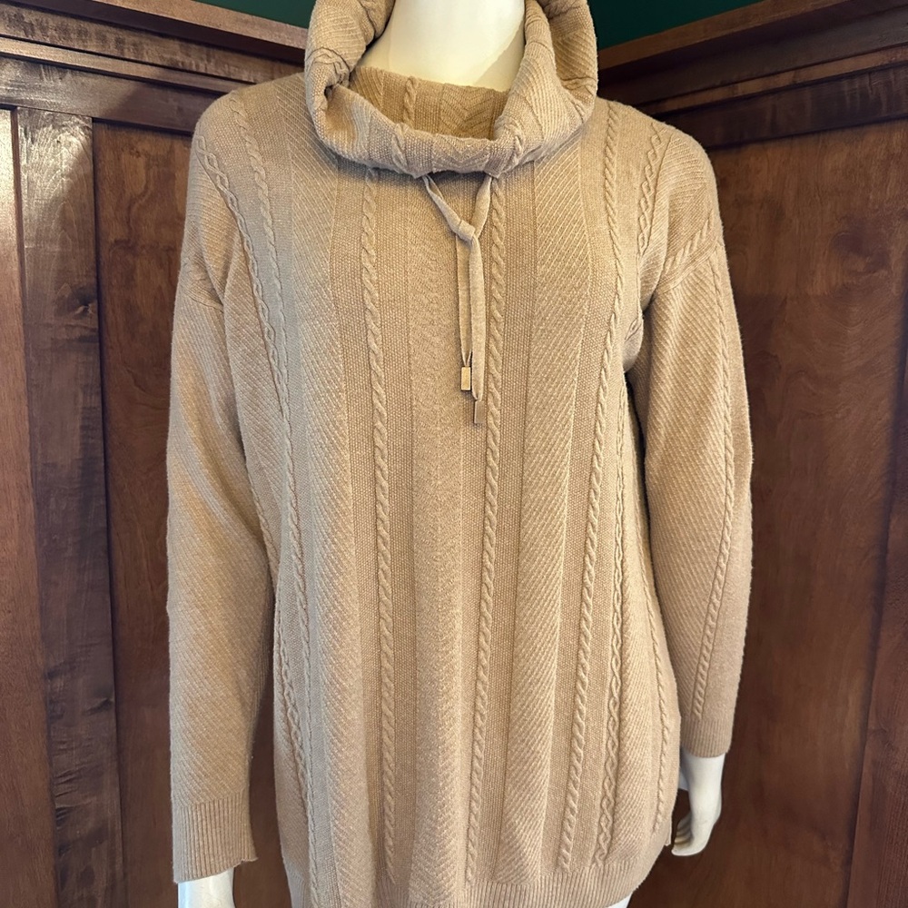 Chicos Zenergy Cozy Cable Knit Cowl Neck Sweater - Tan